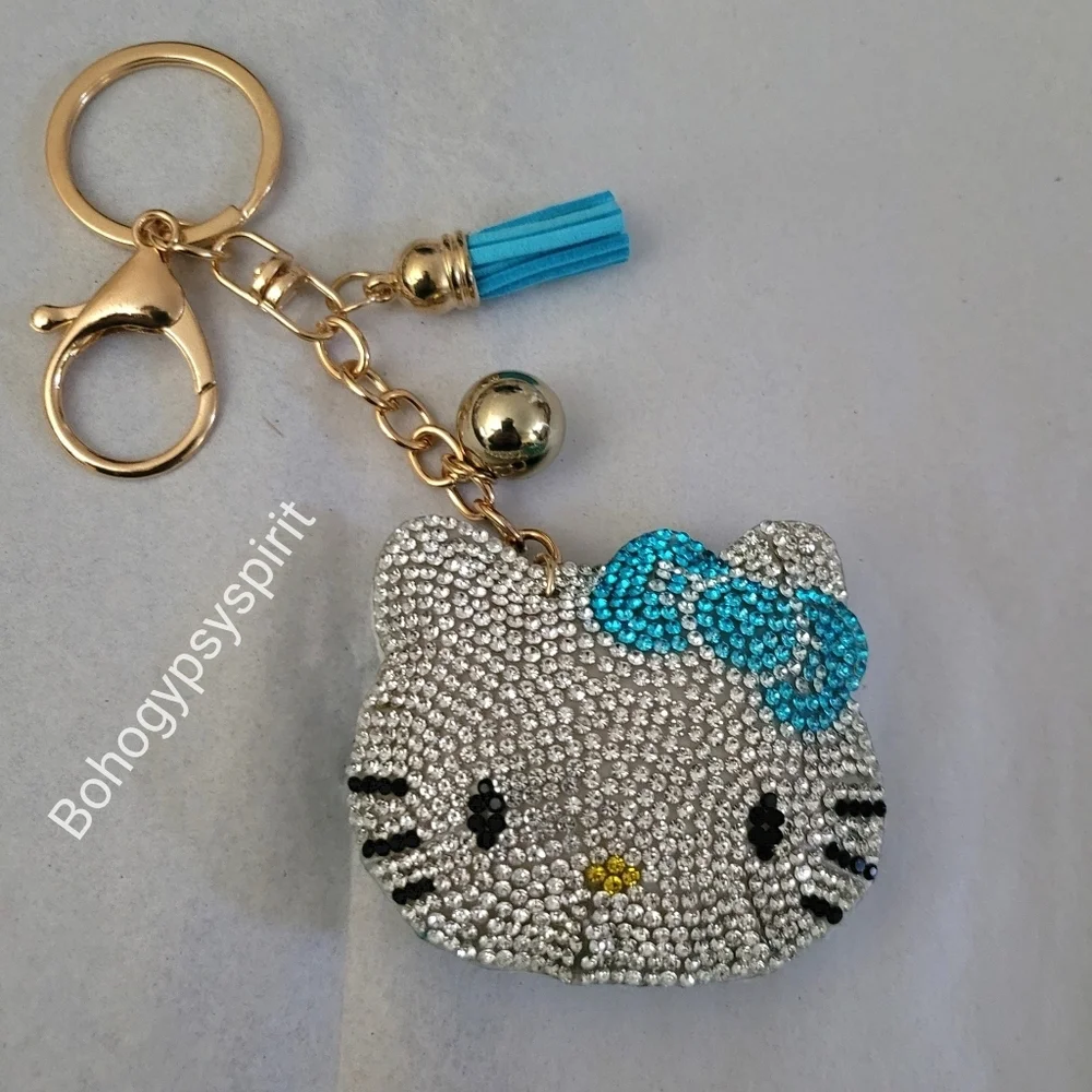 Hello Kitty Blue Bow Crystal Rhinestone Keychain Bag Charm With Tassel